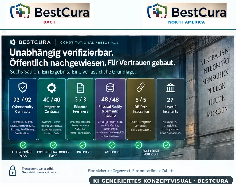 BestCura Constitutional Freeze v1.2 mit öffentlich dargestellten Prüfergebnissen und verankertem Sicherheitsnachweis.
