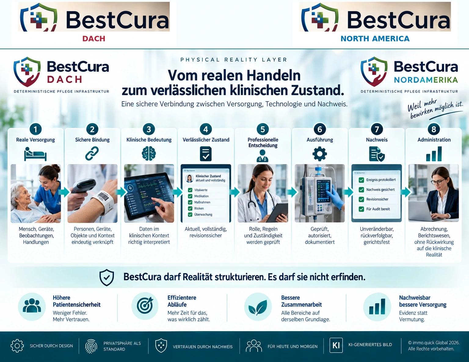 BestCura Physical Reality: Von realer Versorgung über sichere Bindung, klinische Bedeutung und professionellen Kontext bis zu Ausführung und Nachweis.