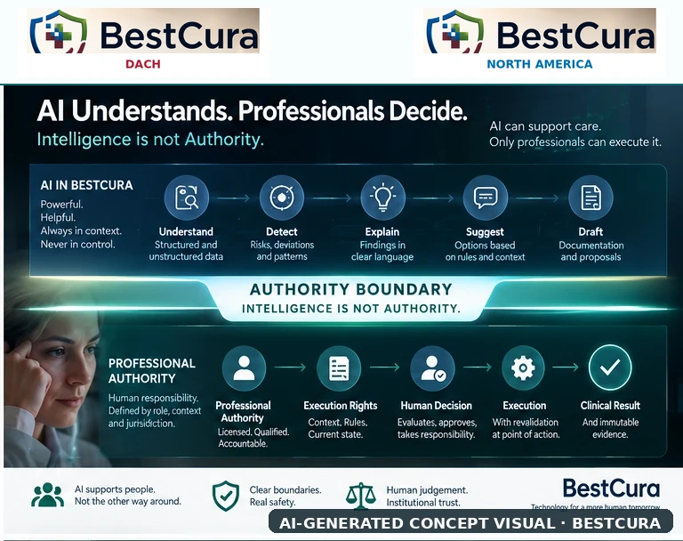 BestCura visual showing the boundary between AI support and professional authority.