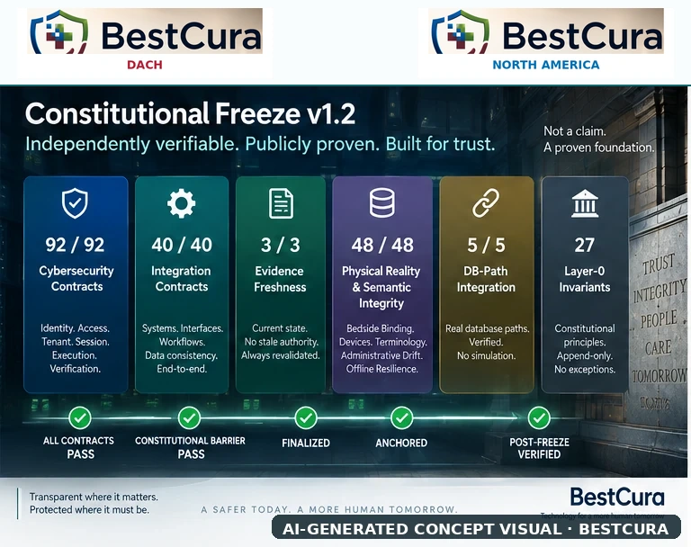 BestCura Constitutional Freeze v1.2 showing publicly presented verification results and anchored security evidence.