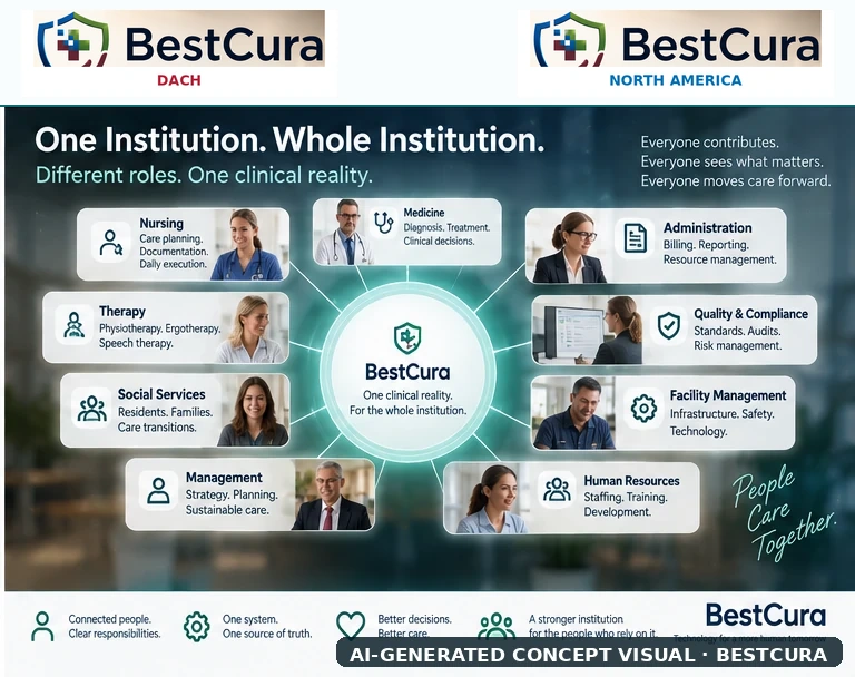 BestCura visual showing the whole institution around one governed institutional state.