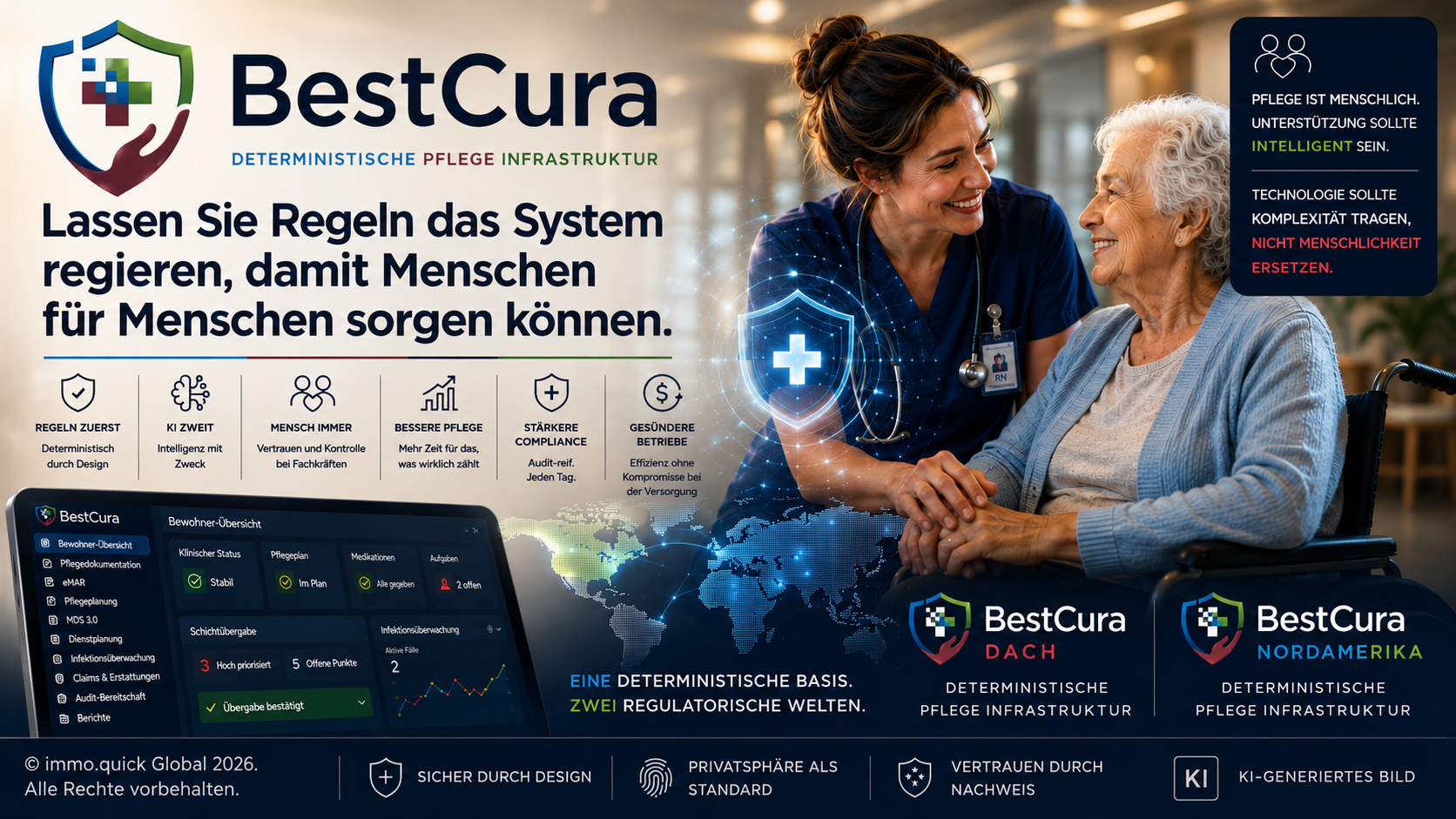 BestCura Healthcare Operating System mit Pflegekraft und Bewohnerin